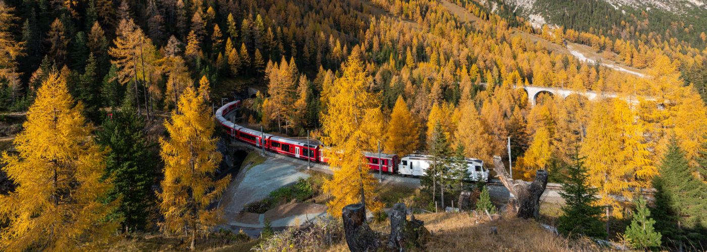 Train winding through mountains and forest in fall