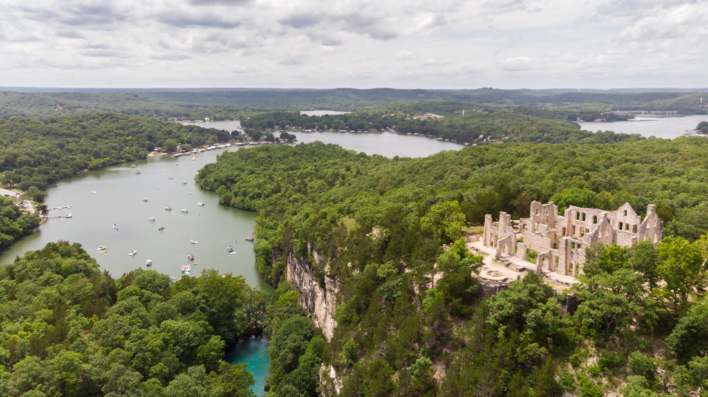 Aerial view of lake and castle ruins at Lake of the Ozarks, Missouri
