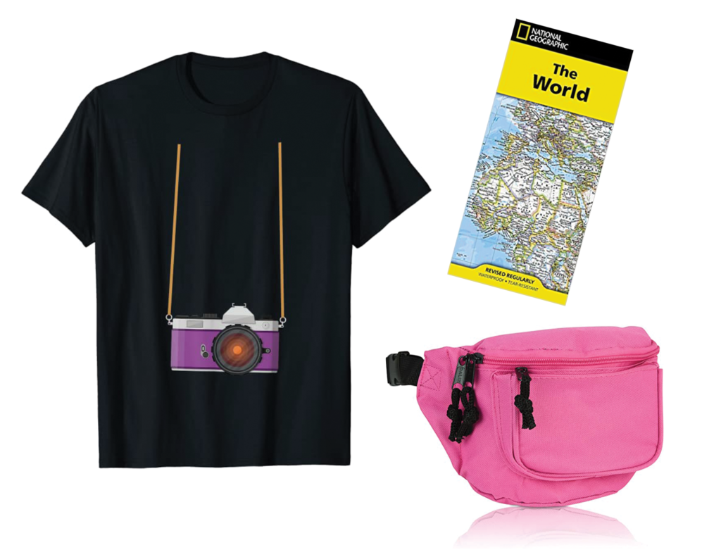 Novelty t-shirt, map of the world, and pink fanny pack put together to create a tourist Halloween costume